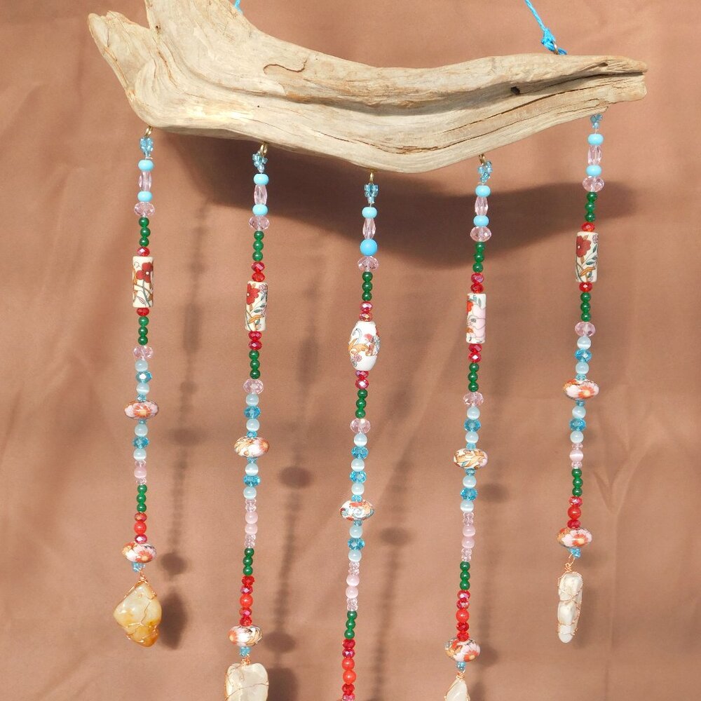 (Flower Power) Driftwood Suncatcher Mobile glass ceramic gemstone beads quartz